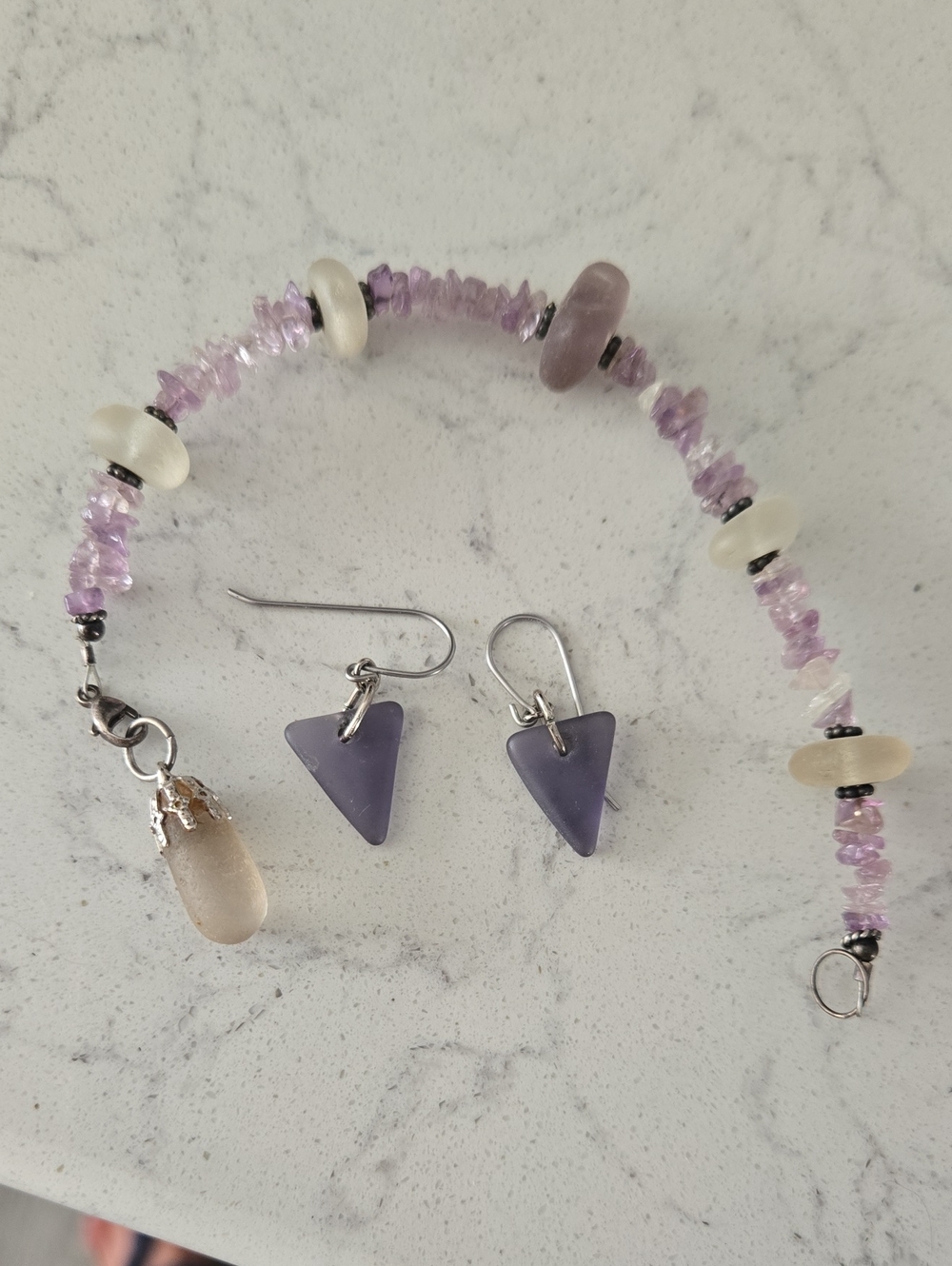 Purple Sea Glass Bracelet  and Triangle Drop Sea Glass Earrings Set